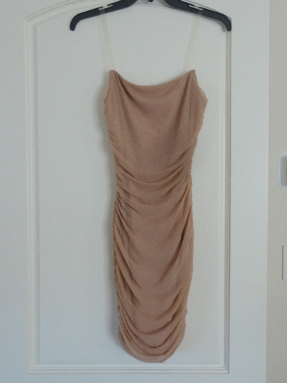 Day & Night Cream Tan Nude Ruched Mini Dress w/ Clear Straps - Women's Small